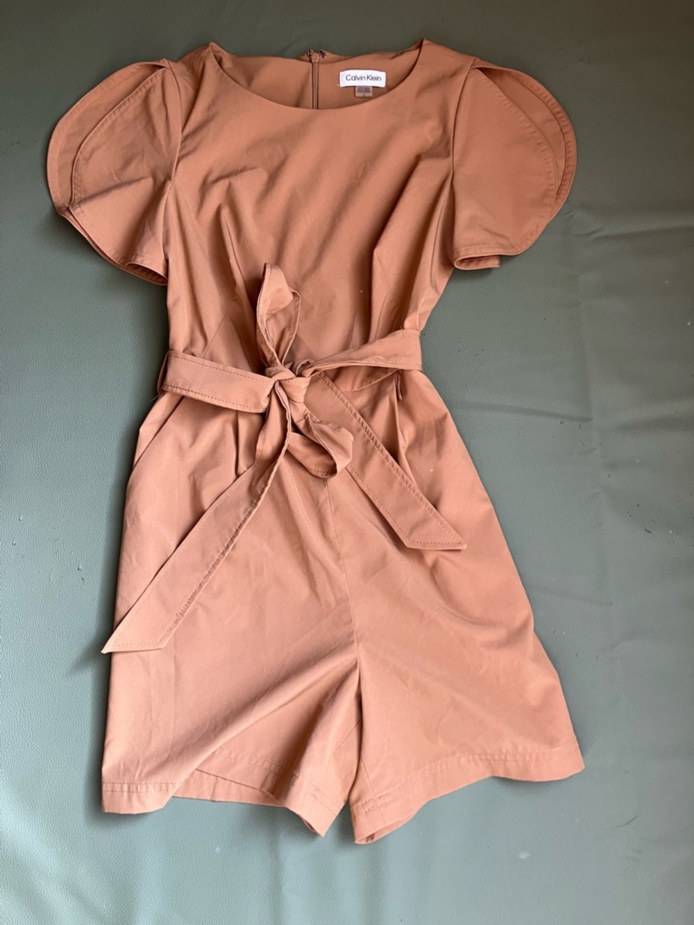 Calvin Klein Camel Flutter Sleeve Belted Romper Trench Style Size 2